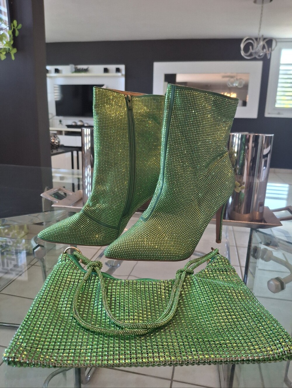Green Crystal Embellished Pointed-Toe Ankle Boots And Bag Combo
